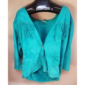 Emmanuel Womens Teal Blue Cotton V-Neck Button Front Fringe Jacket One Size USA